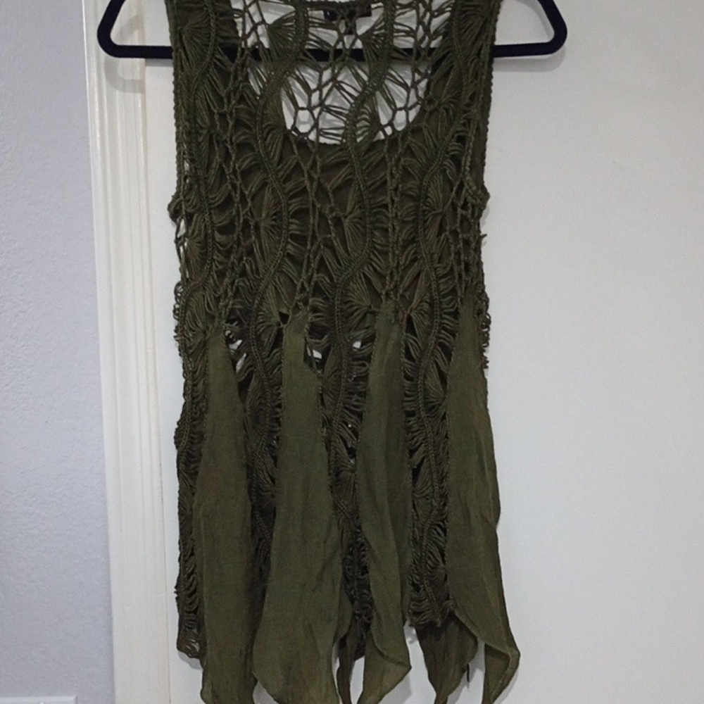 Love J Bohemian, Cottagecore, Fairy Vibe Olive Sleeveless Crochet Knit Top - Picture 4 of 5
